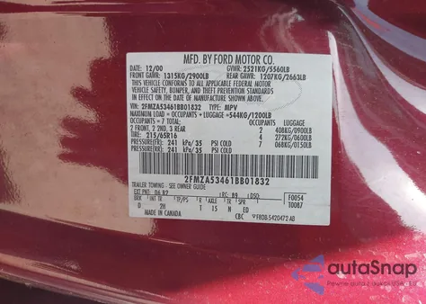 2001 Ford Windstar Sel z USA, uszkodzony, nr VIN 2FMZA53461BB01832